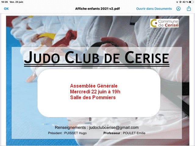 Assemblée Générale du judo-Mercredi 22 juin 19h Salle des Pommiers