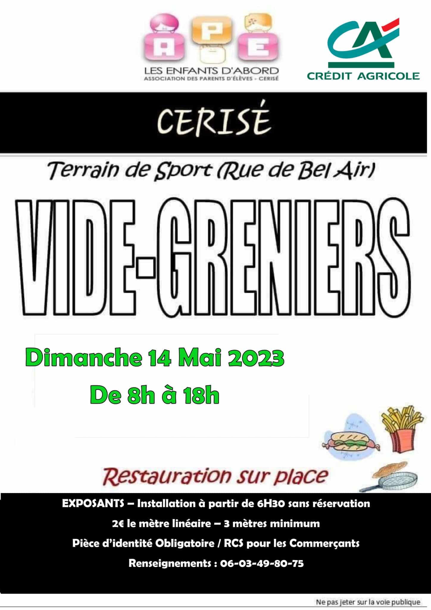 Vide-greniers/Dimanche 14 mai 2023 de 8h à 18h/Terrain de sport/Cerisé